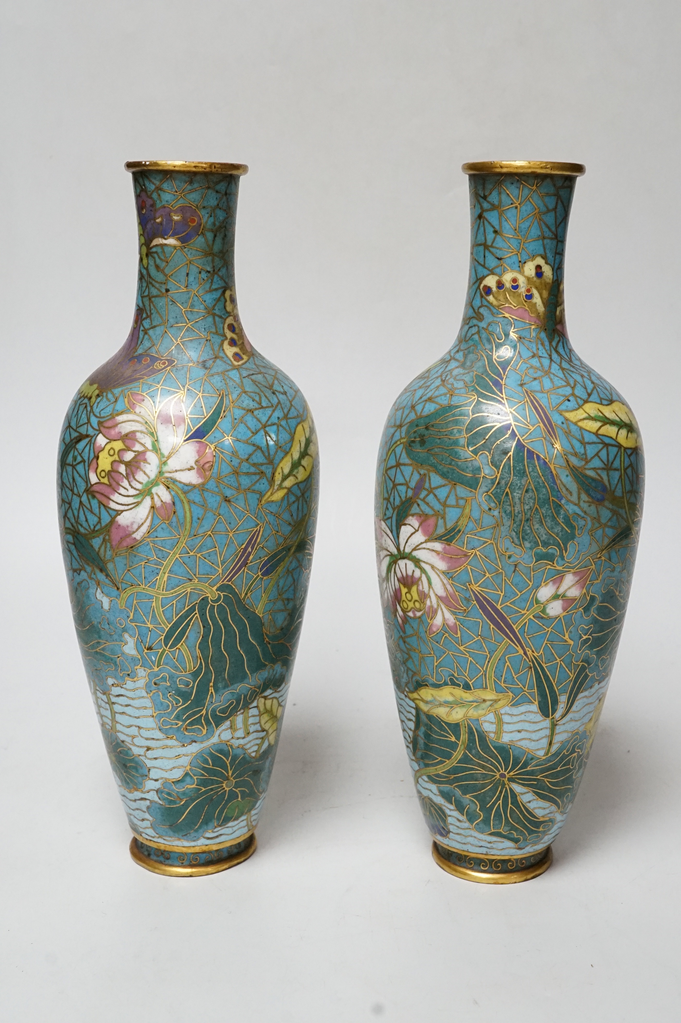 A pair of 19th century Chinese cloisonné enamel vases, 25.5cm high